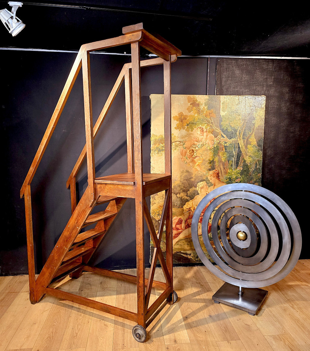 Escalier De Bibliothèque En Chêne, Début XXe. (225cm).-photo-7