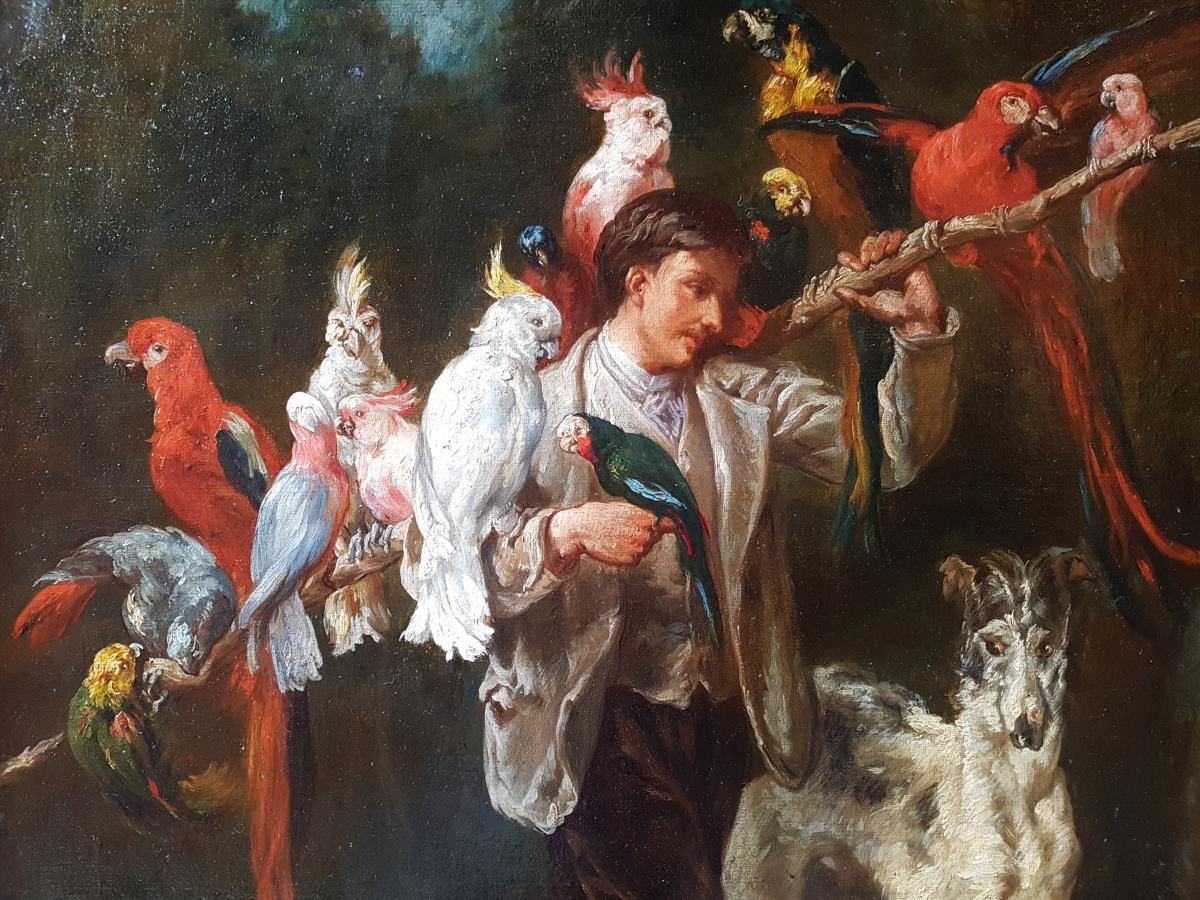 Tableau Homme Aux Perroquets, École Française XIXème. (97cm X 73cm)-photo-2