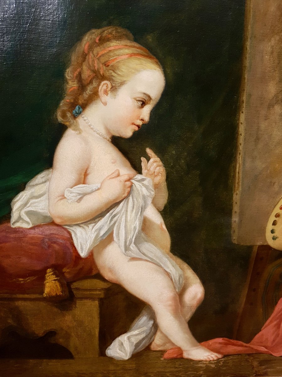 Tableau Les Enfants Peintres, (D'Après) Carl Van Loo (1705-1765), Fin XVIIIème (144cm X 98cm)-photo-4