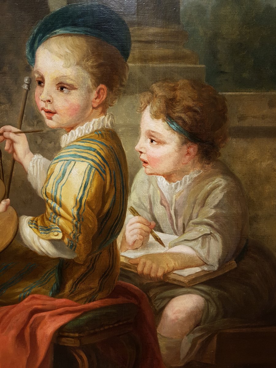Tableau Les Enfants Peintres, (D'Après) Carl Van Loo (1705-1765), Fin XVIIIème (144cm X 98cm)-photo-4