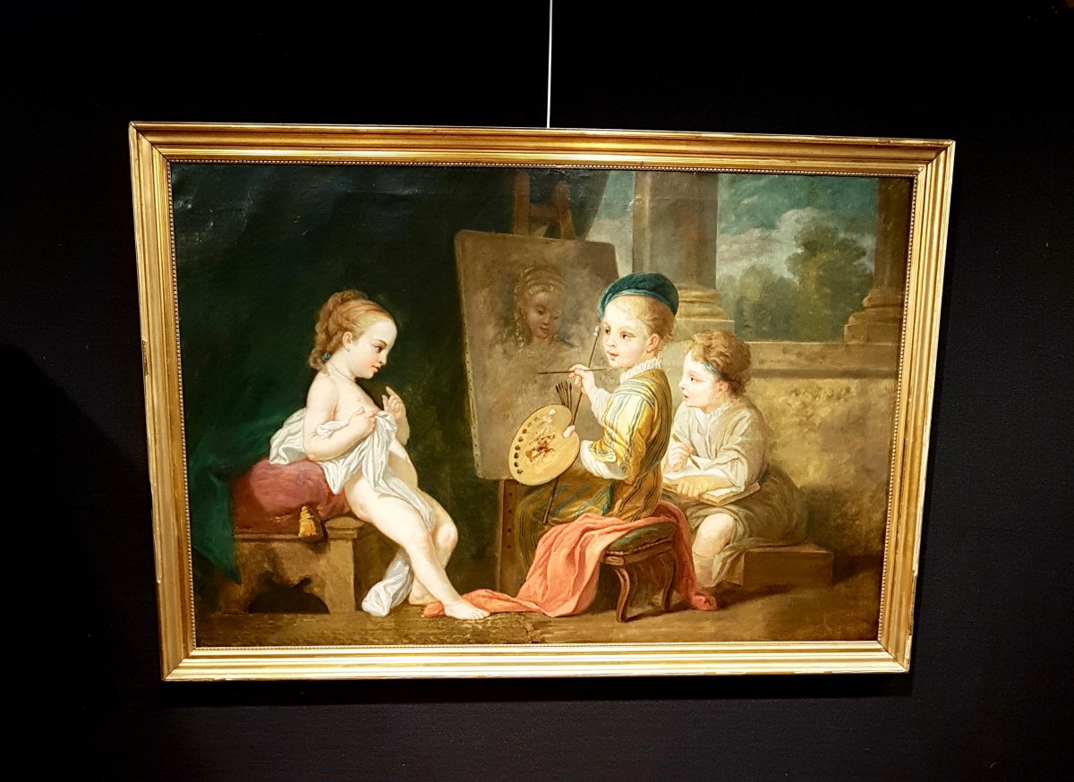 Tableau Les Enfants Peintres, (D'Après) Carl Van Loo (1705-1765), Fin XVIIIème (144cm X 98cm)-photo-7
