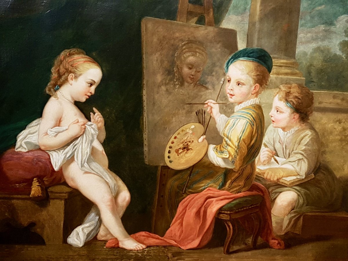 Tableau Les Enfants Peintres, (D'Après) Carl Van Loo (1705-1765), Fin XVIIIème (144cm X 98cm)