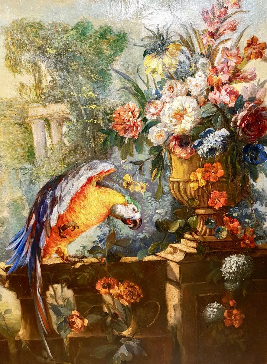 Huile Sur Toile, Nature Morte Aux Fleurs Et Perroquet, XIXème (180cm X 160cm)-photo-3