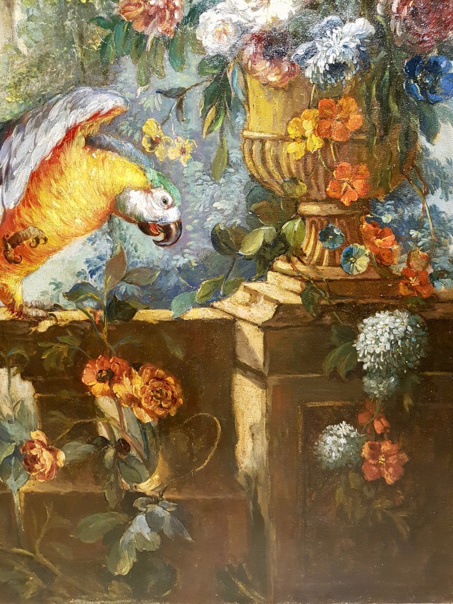 Huile Sur Toile, Nature Morte Aux Fleurs Et Perroquet, XIXème (180cm X 160cm)-photo-3