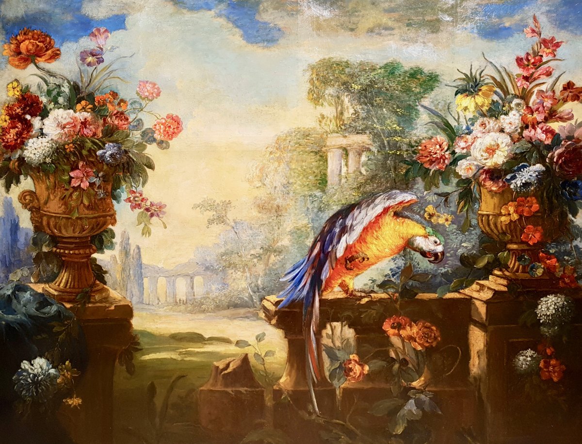 Huile Sur Toile, Nature Morte Aux Fleurs Et Perroquet, XIXème (180cm X 160cm)
