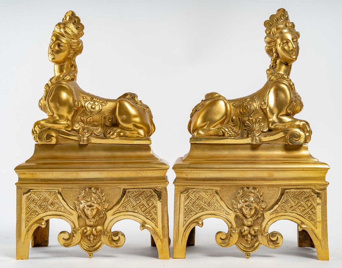 Paire De Chenets en bronze doré, Style Régence. XIXème -photo-4