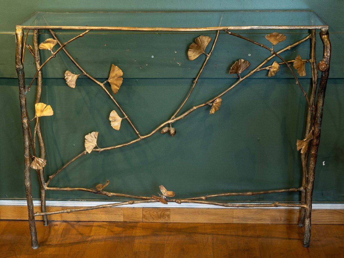 Ilanca Nicodim. Large Console With Gingko Leaves In Bronze And Copper.-photo-1