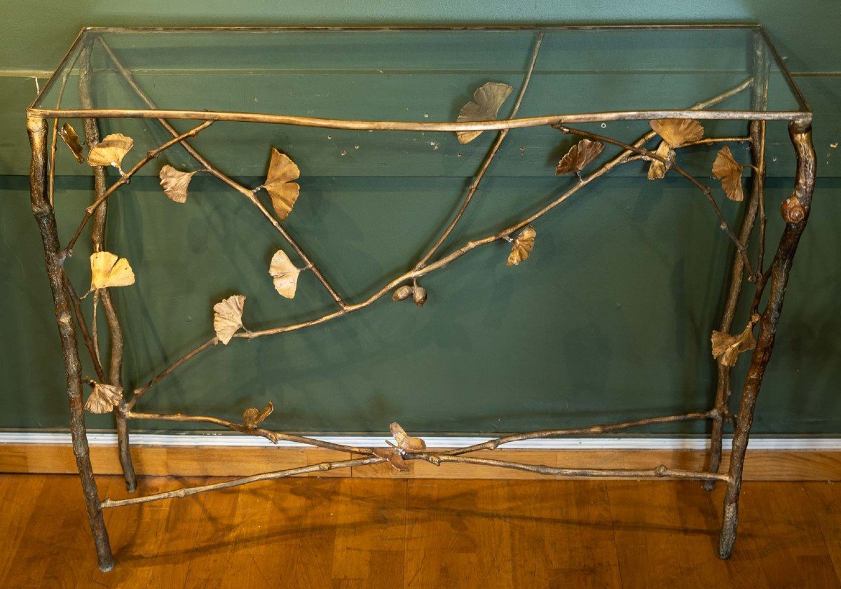 Ilanca Nicodim. Large Console With Gingko Leaves In Bronze And Copper.