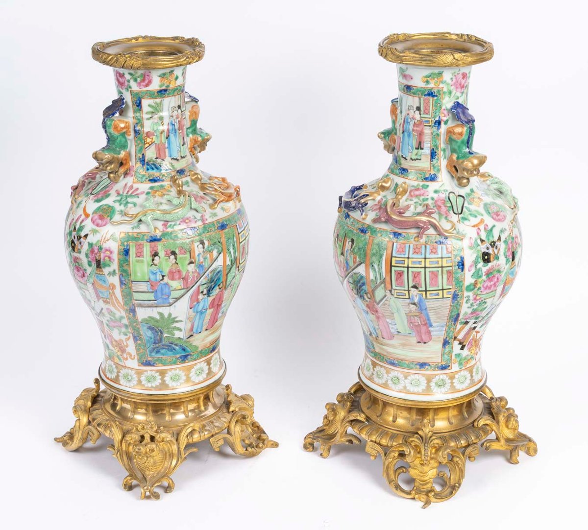 Paire de vases Canton  pouvant former des lampes , XIXème siècle.-photo-4