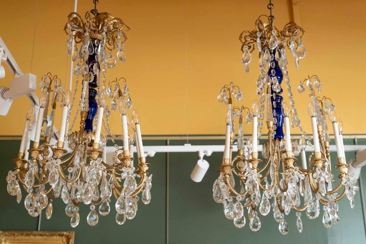 Paire de Lustes Néoclassique en bronze doré et cristal. Circa 1900-photo-1