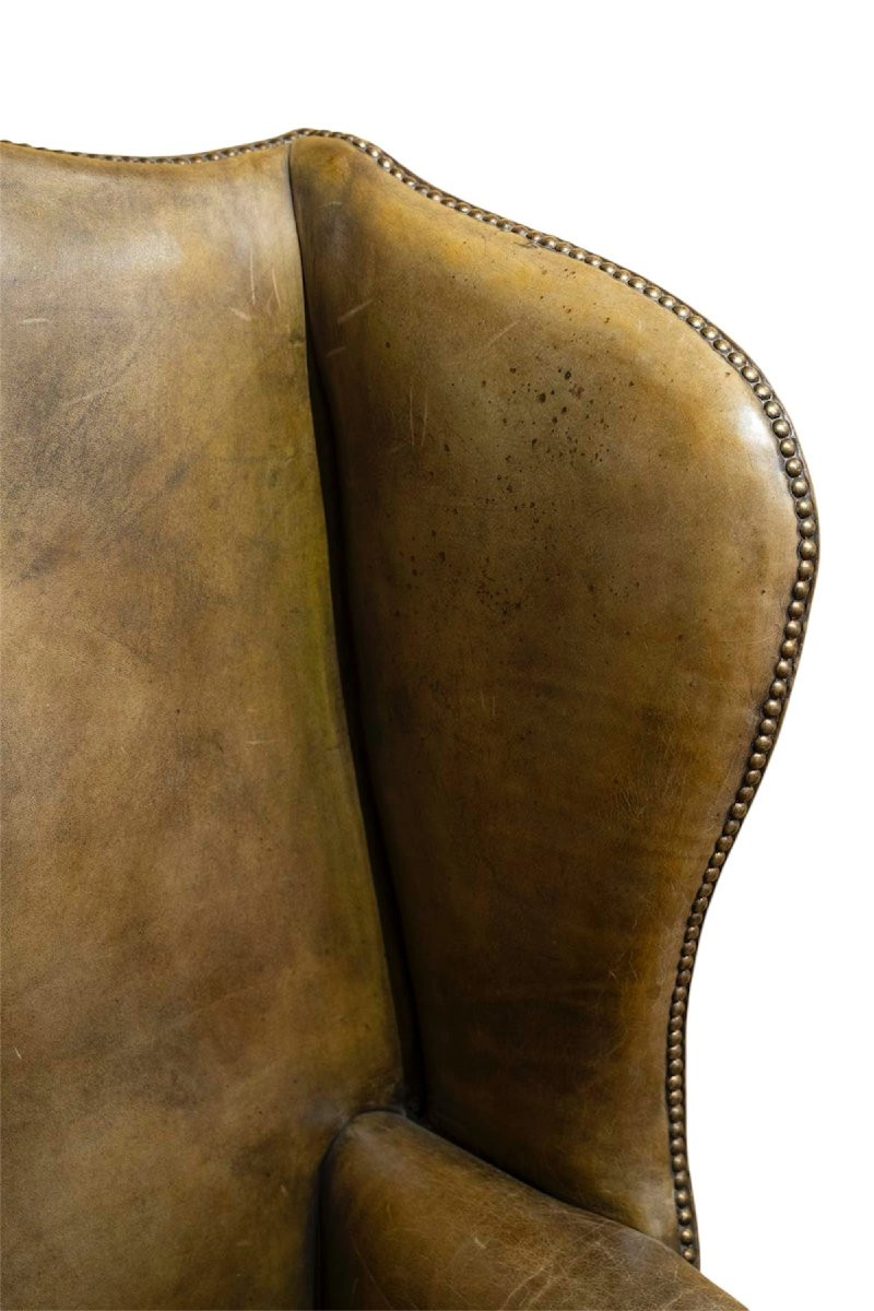  English Armchair Called "wing Chair" In Green Leather. Circa 1920-photo-2