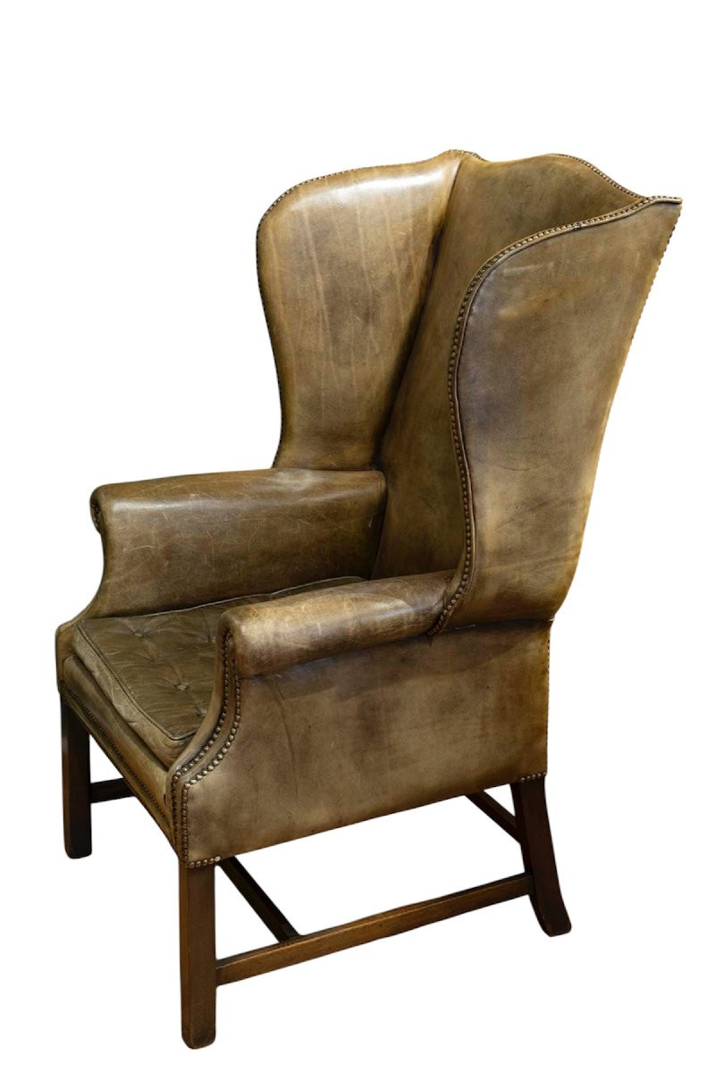  English Armchair Called "wing Chair" In Green Leather. Circa 1920-photo-3