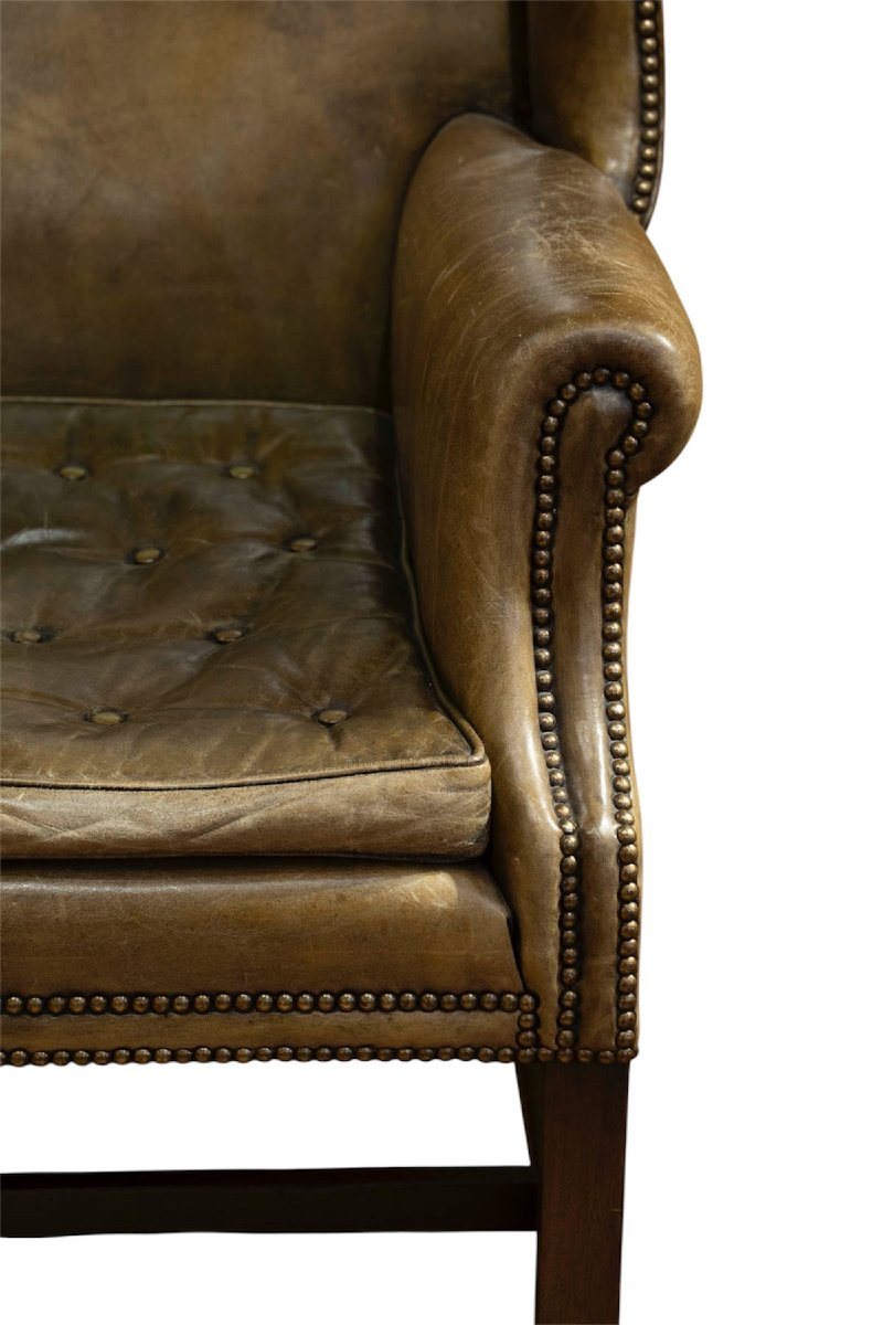  English Armchair Called "wing Chair" In Green Leather. Circa 1920-photo-1