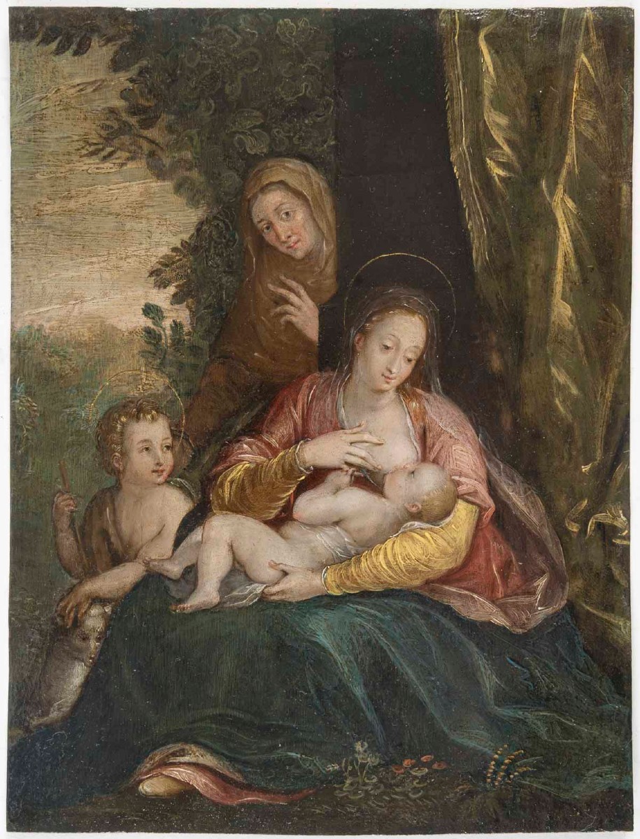 Ecole Flamande du XVIIème siècle Vierge à l'enfant, Saint-Anne et Jean-Baptiste enfant