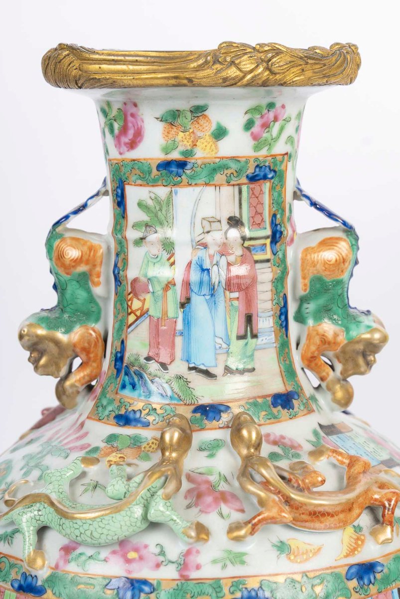 Pair Of Canton Vases Mounted As Lamps, 19th Century.-photo-3