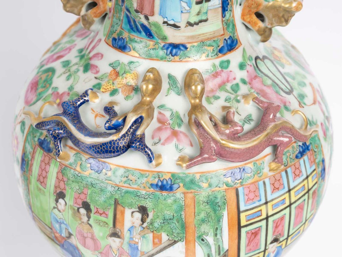 Pair Of Canton Vases Mounted As Lamps, 19th Century.-photo-4