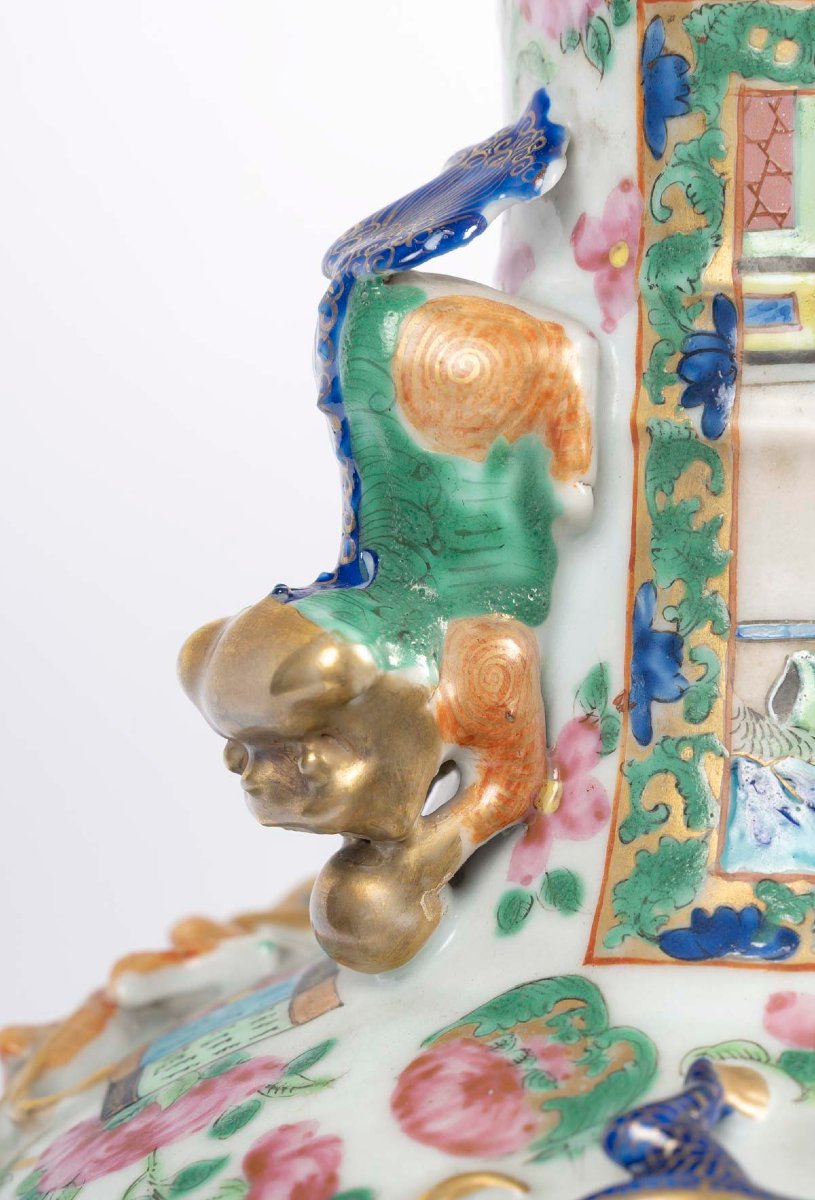 Pair Of Canton Vases Mounted As Lamps, 19th Century.-photo-1