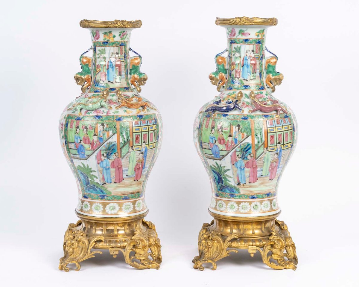 Pair Of Canton Vases Mounted As Lamps, 19th Century.-photo-3