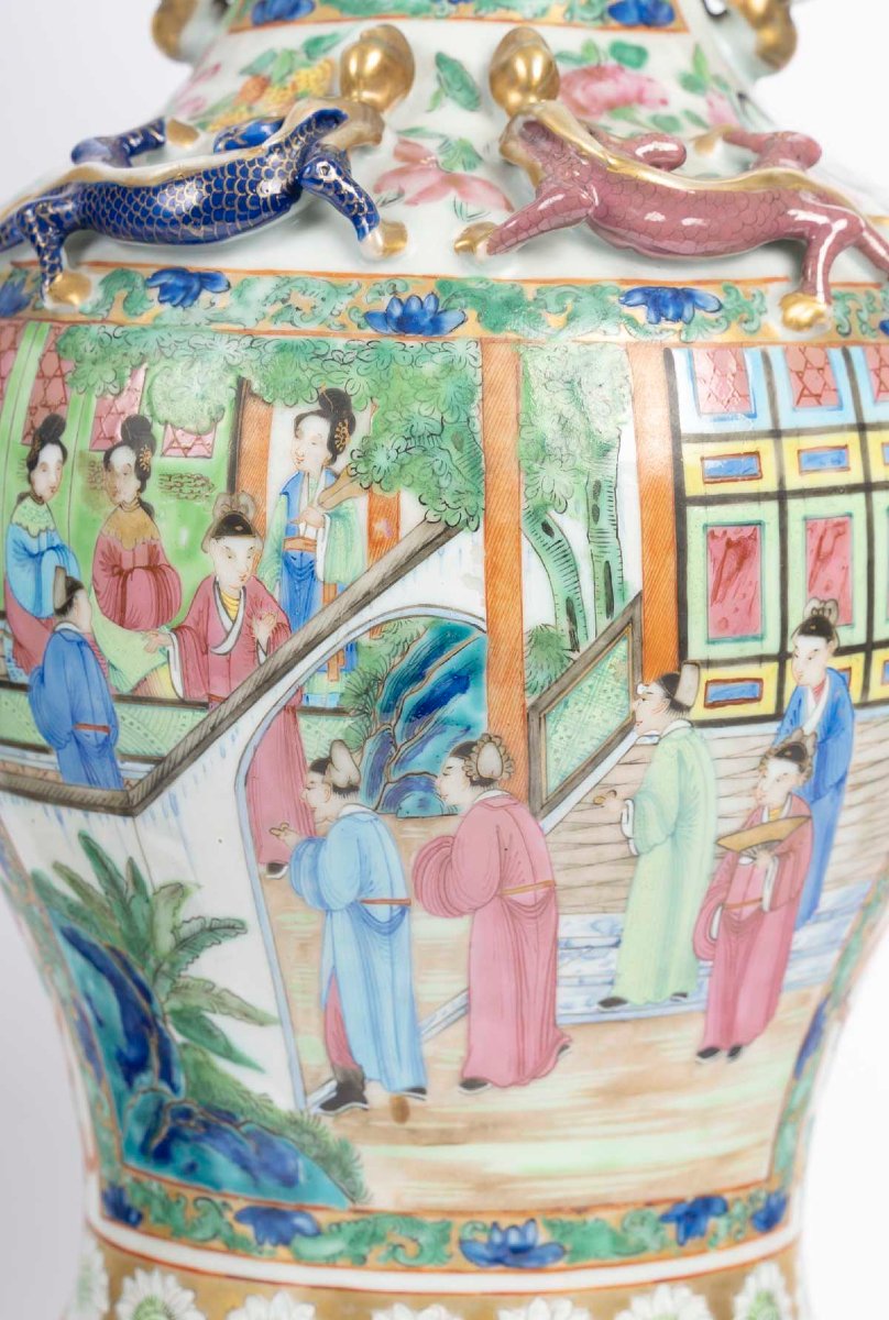 Pair Of Canton Vases Mounted As Lamps, 19th Century.-photo-4