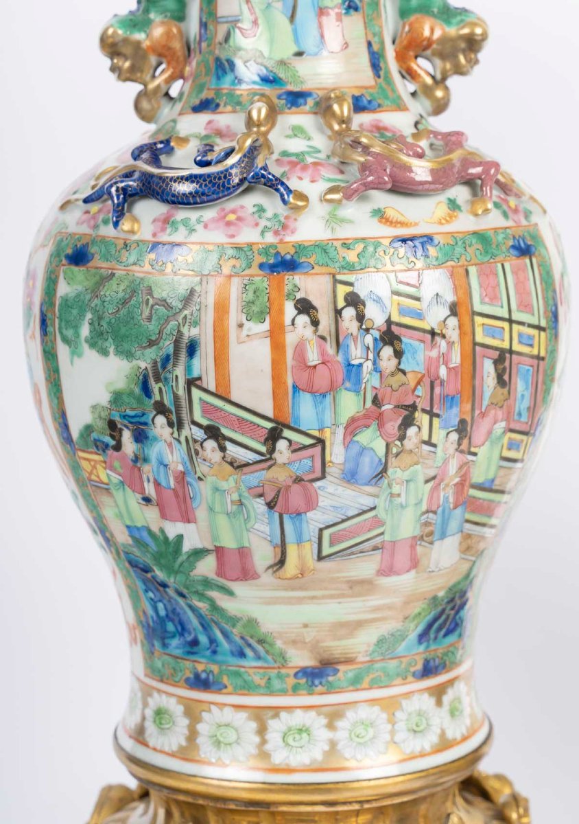 Pair Of Canton Vases Mounted As Lamps, 19th Century.-photo-7