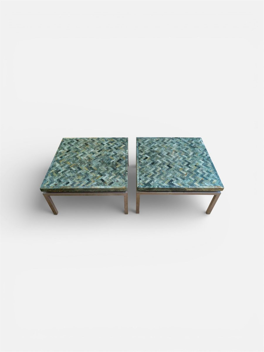 Paire de tables basses en marqueterie de marbre vert années 1970-photo-1
