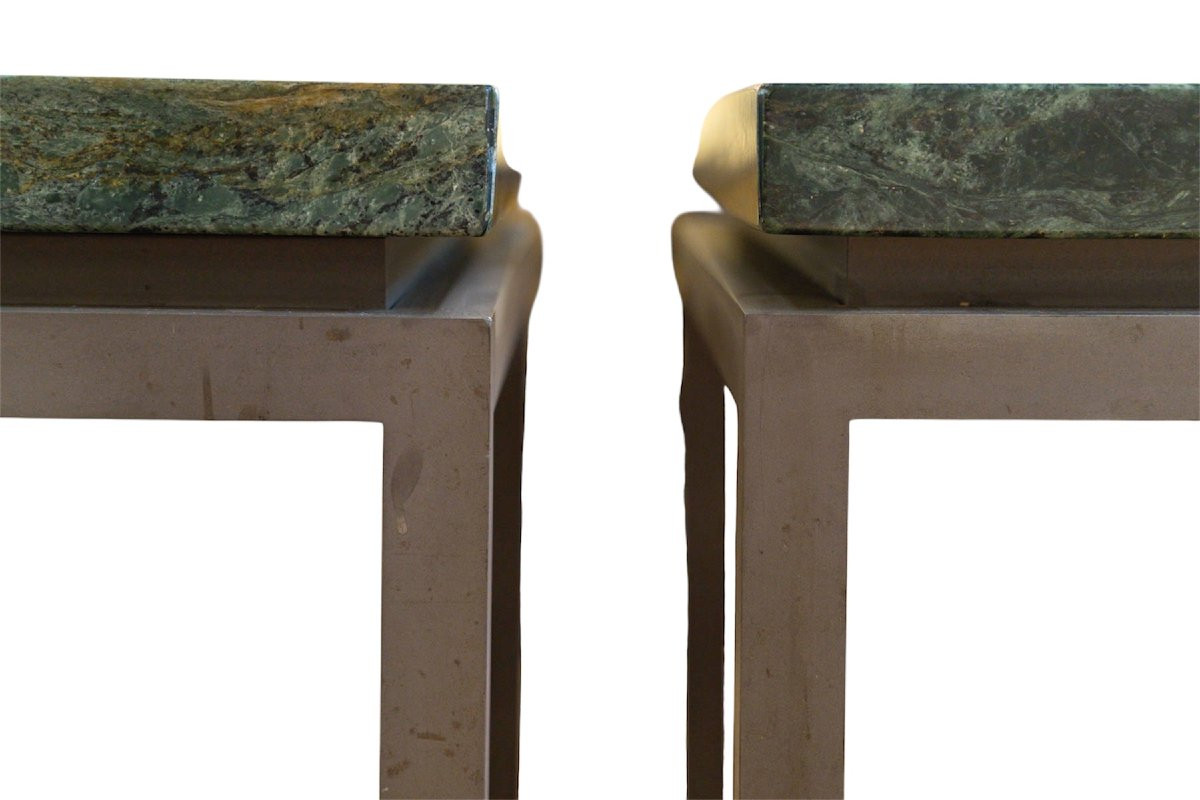 Paire de tables basses en marqueterie de marbre vert années 1970-photo-3