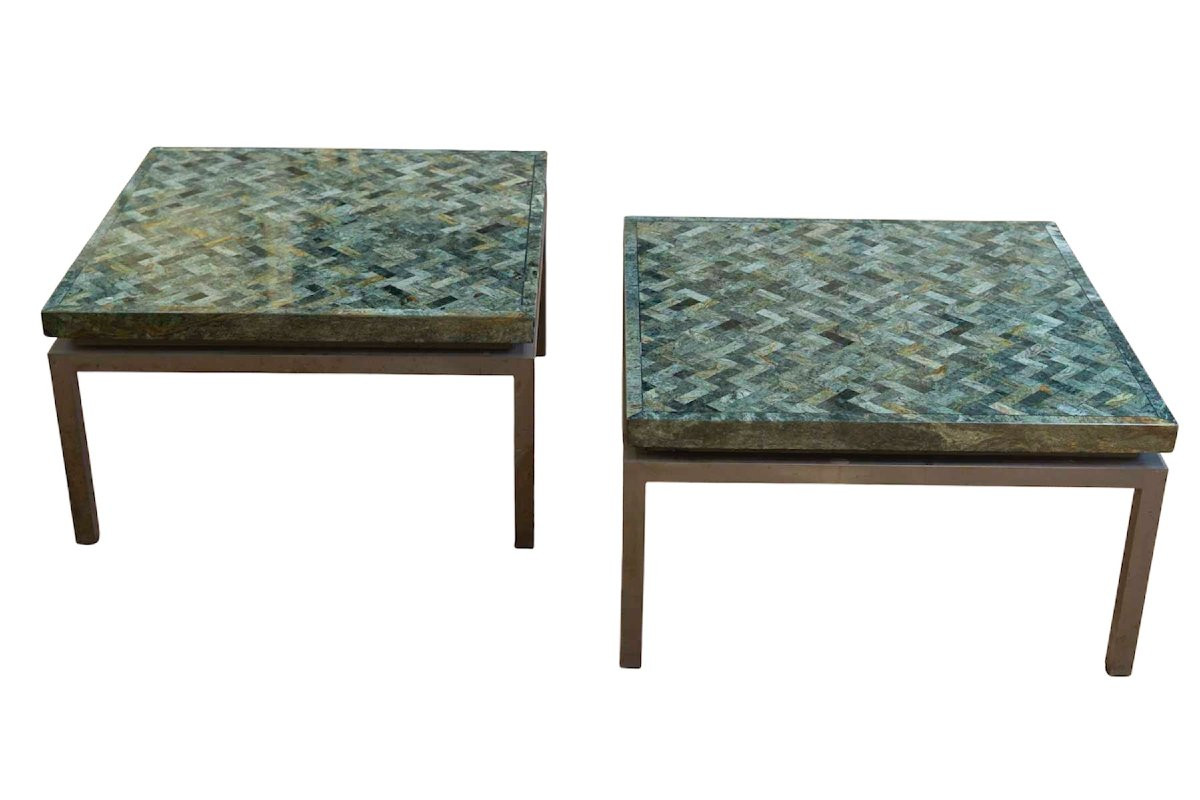 Paire de tables basses en marqueterie de marbre vert années 1970-photo-4