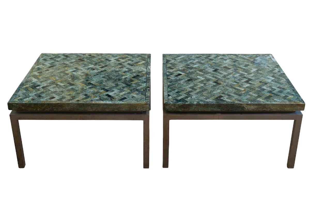 Paire de tables basses en marqueterie de marbre vert années 1970
