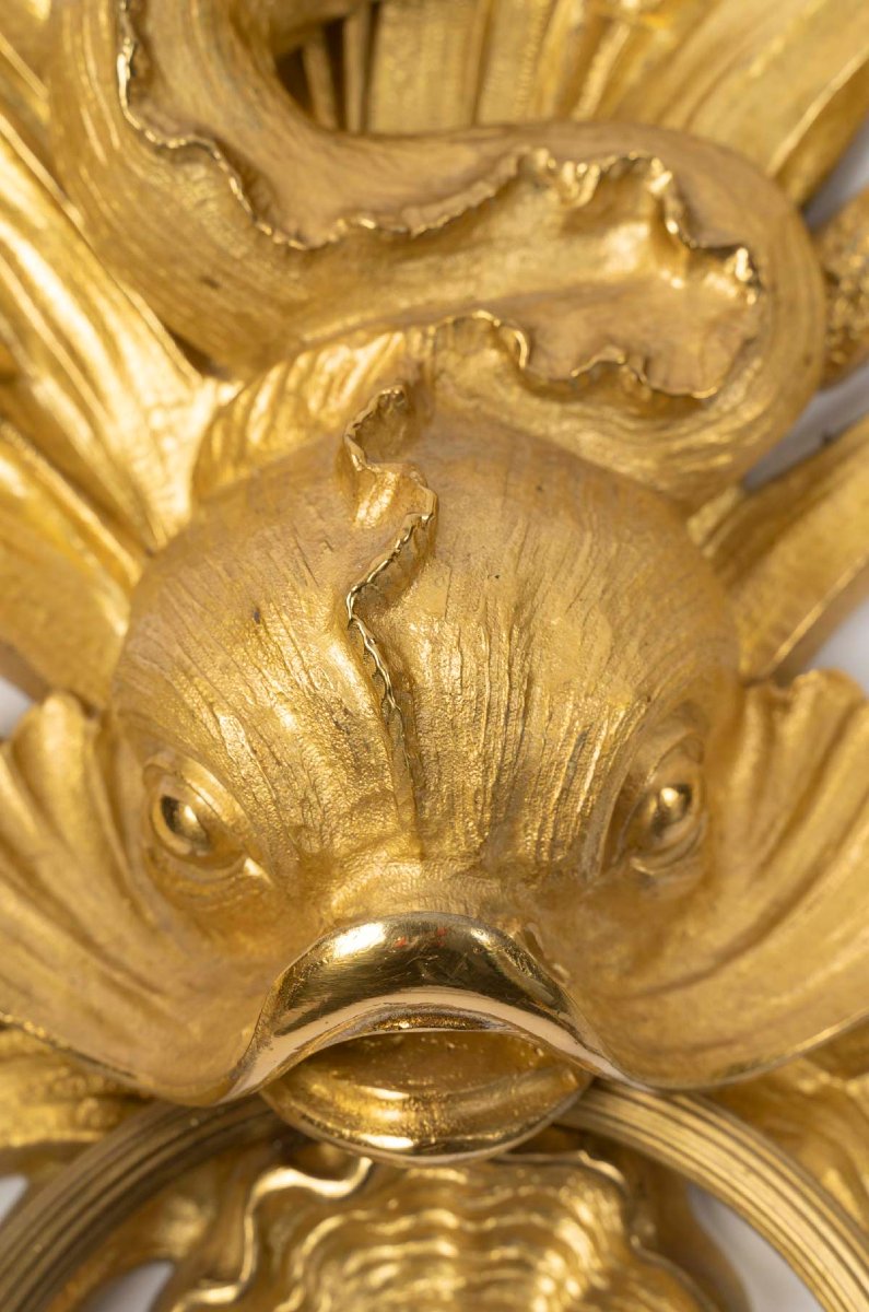 Pair Of Gilt Bronze Dolphin Wall Sconces, Circa 1920-photo-3