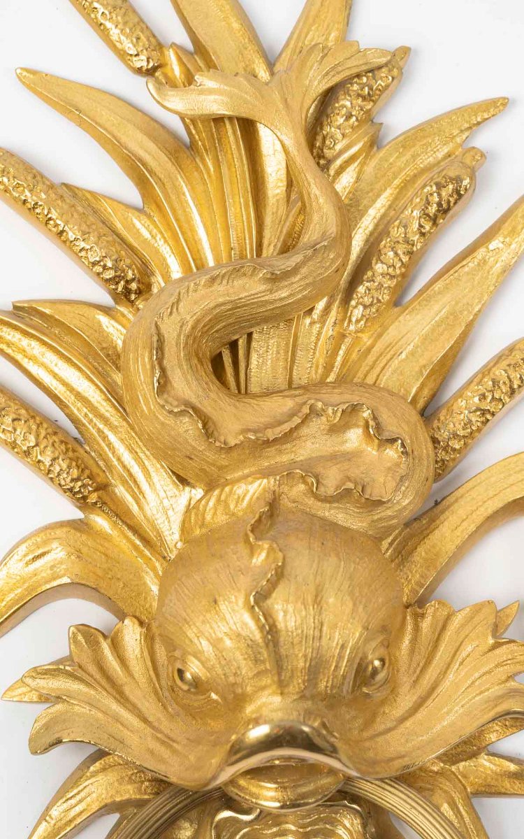 Pair Of Gilt Bronze Dolphin Wall Sconces, Circa 1920-photo-4