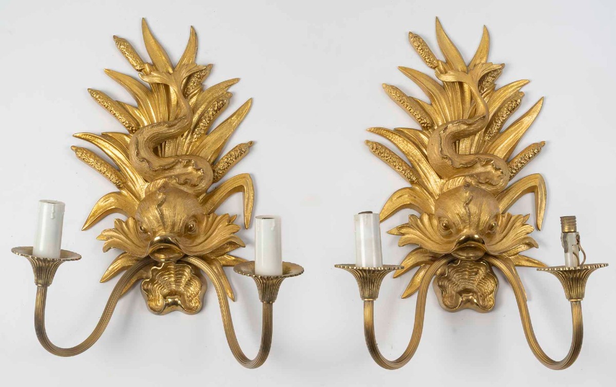 Pair Of Gilt Bronze Dolphin Wall Sconces, Circa 1920-photo-2