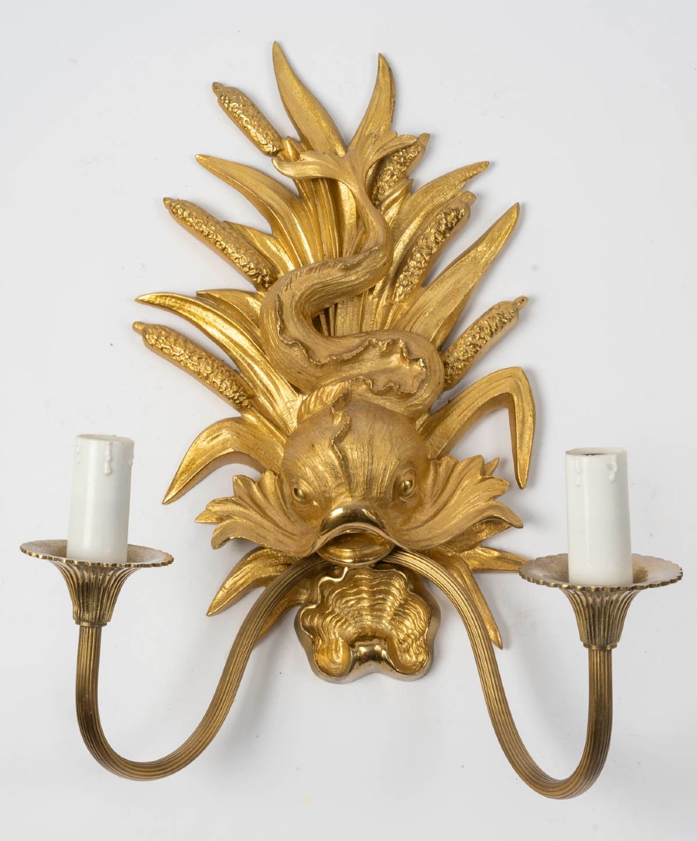 Pair Of Gilt Bronze Dolphin Wall Sconces, Circa 1920-photo-1