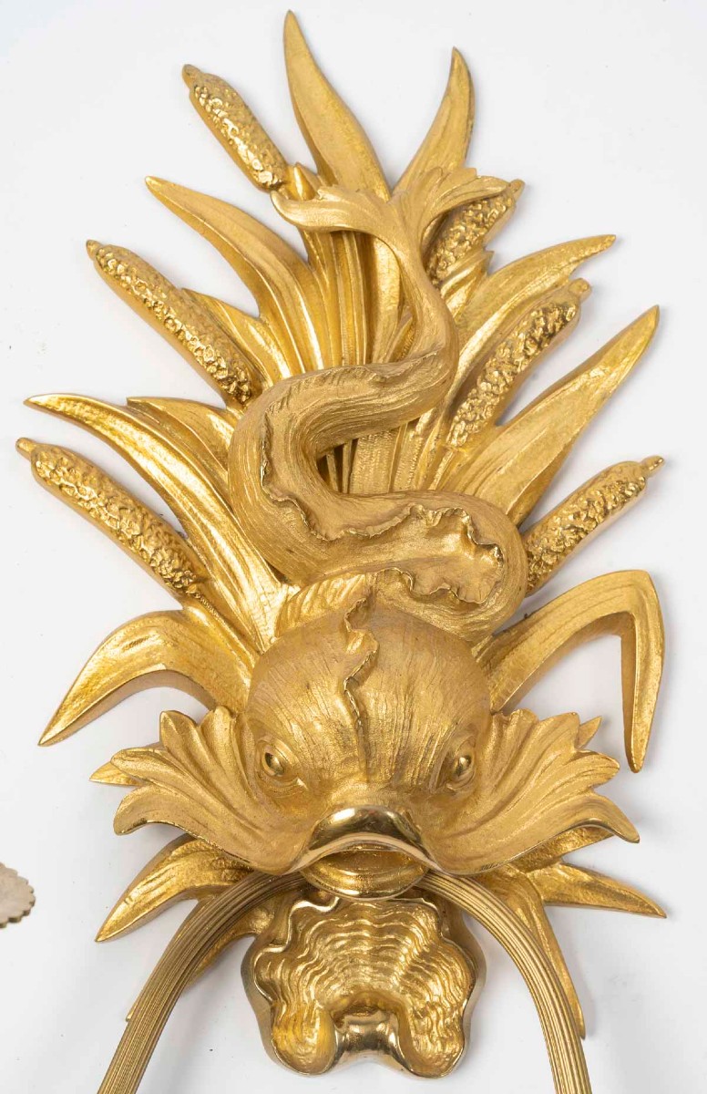 Pair Of Gilt Bronze Dolphin Wall Sconces, Circa 1920