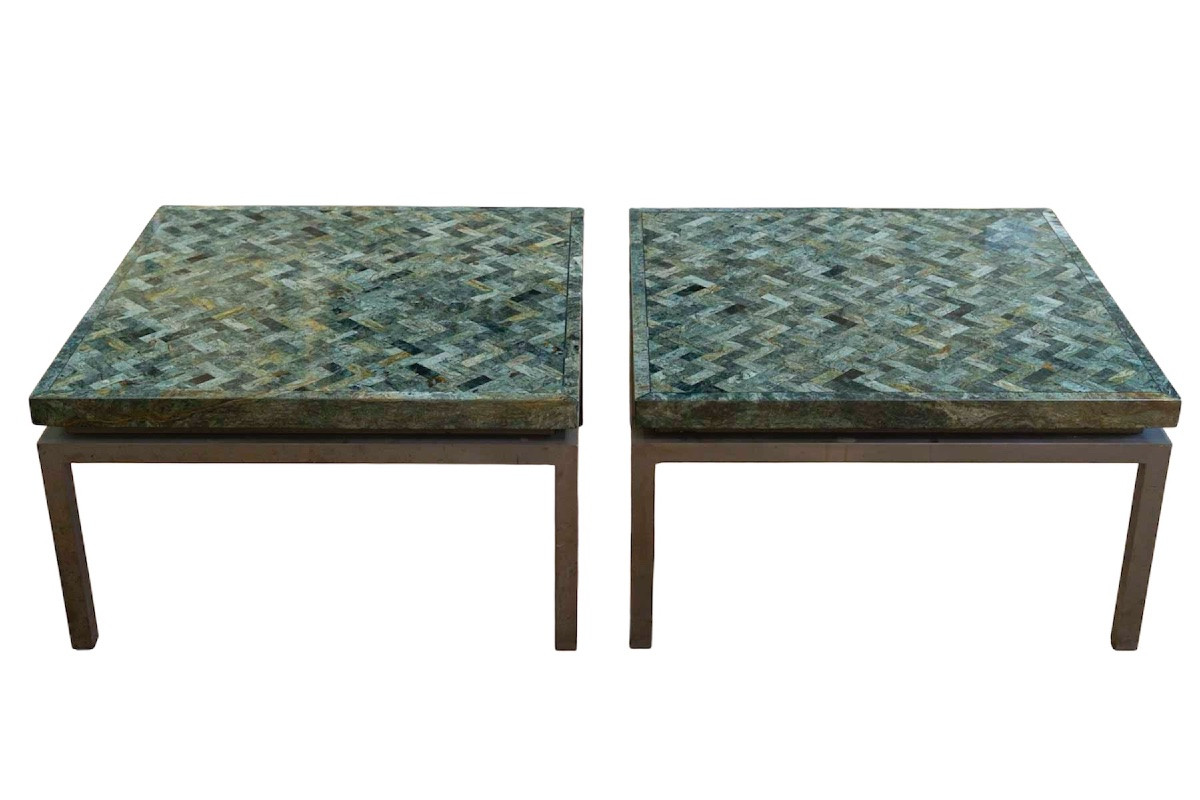 Paire de tables basses en marqueterie de marbre 1970-photo-2