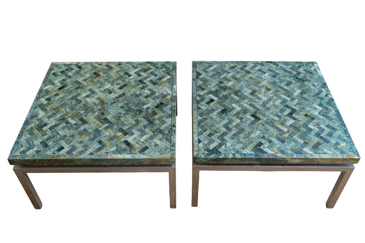 Paire de tables basses en marqueterie de marbre 1970-photo-4