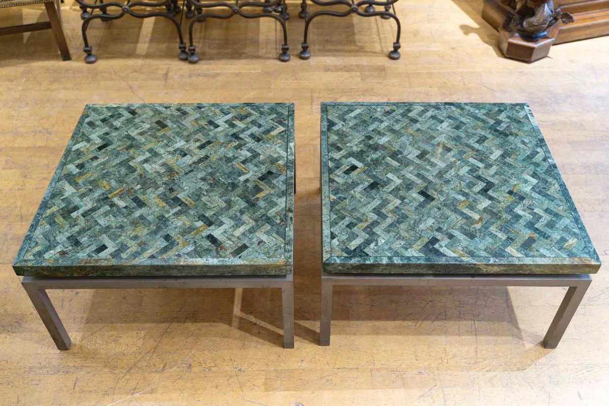 Paire de tables basses en marqueterie de marbre 1970-photo-2