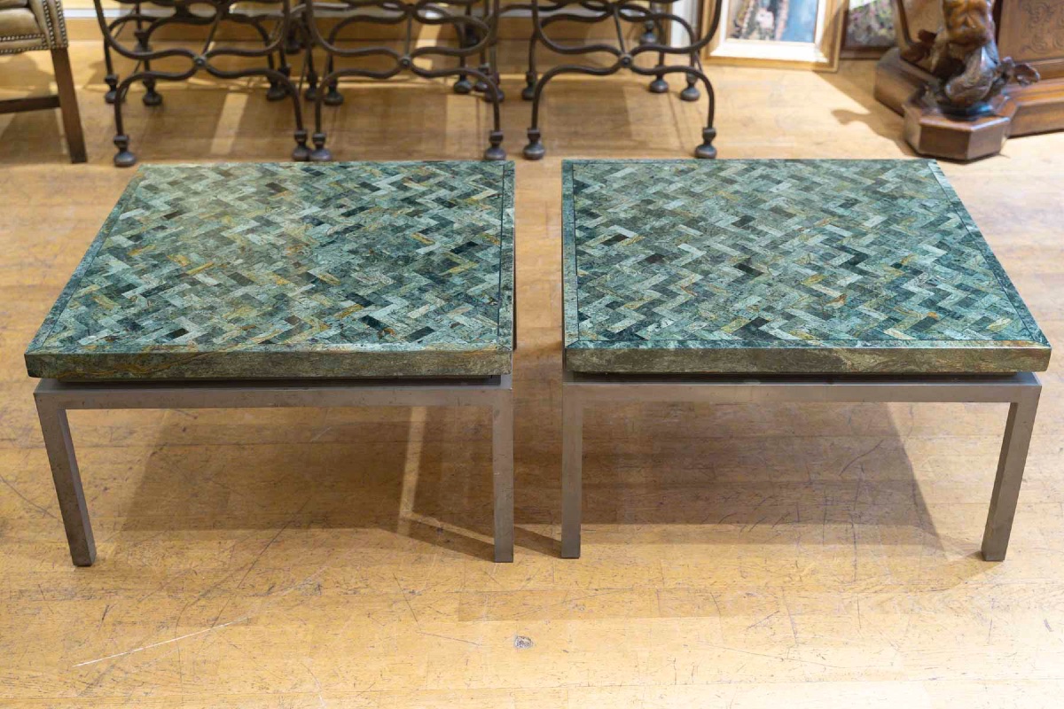 Paire de tables basses en marqueterie de marbre 1970-photo-3