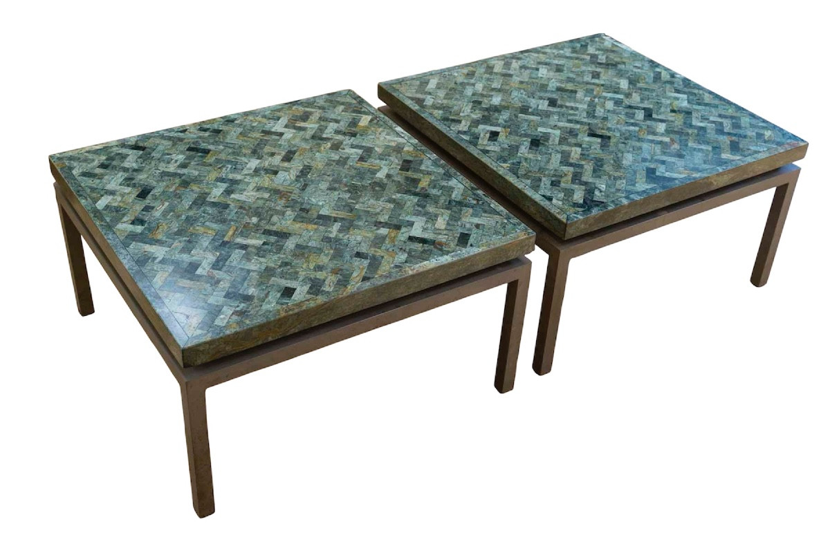 Paire de tables basses en marqueterie de marbre 1970
