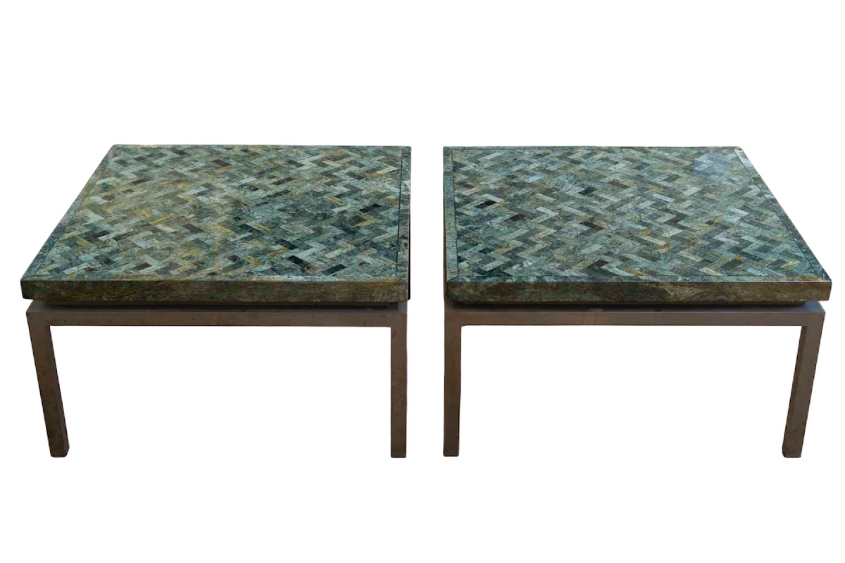 Paire de tables basses en marqueterie de marbre, 1970-photo-1