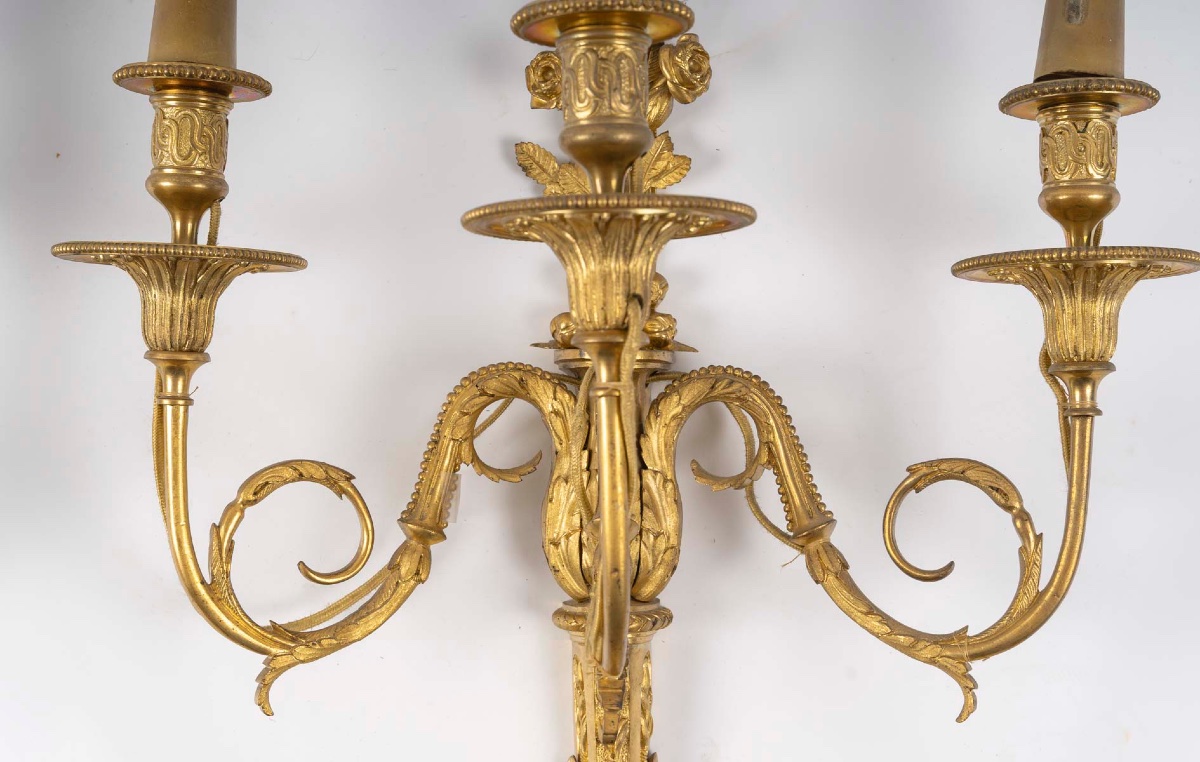 Paire d’appliques Louis XVI en bronze doré.  XIXème siècle -photo-6