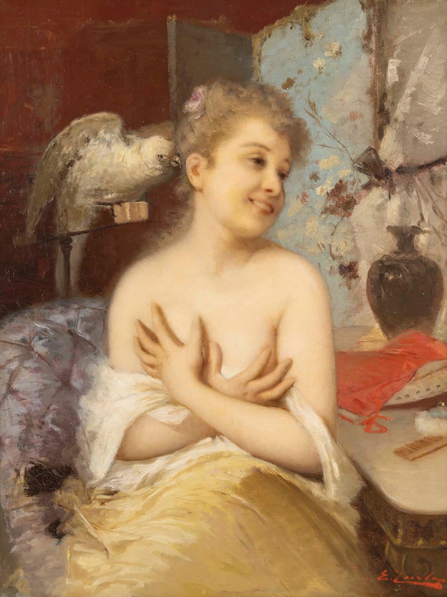 The Girl With The Parakeet, Signed Turba, 19th Century -photo-2