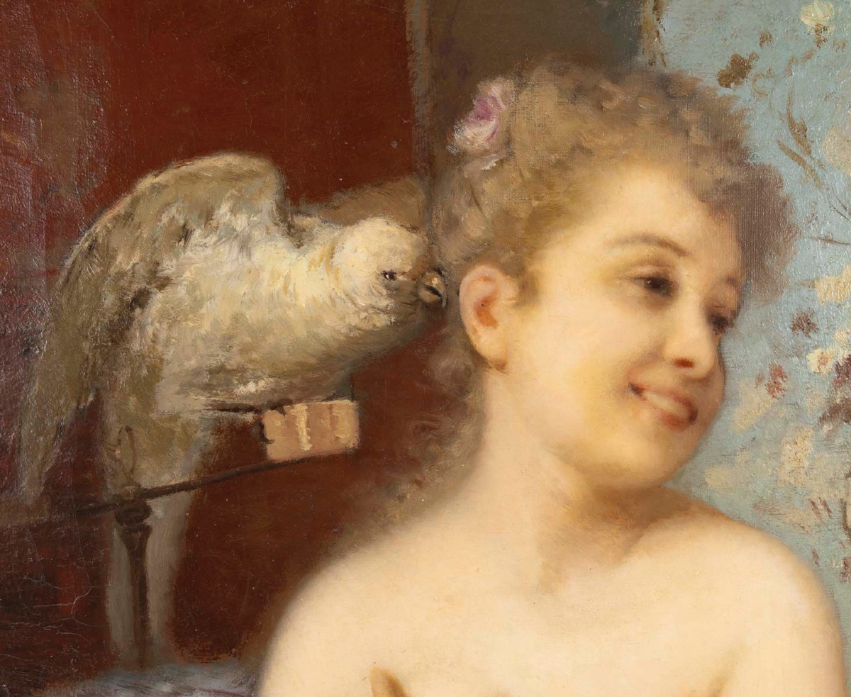 The Girl With The Parakeet, Signed Turba, 19th Century -photo-3
