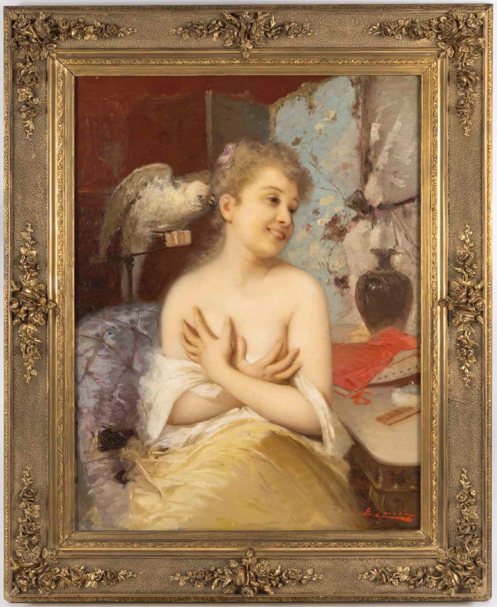 The Girl With The Parakeet, Signed Turba, 19th Century 