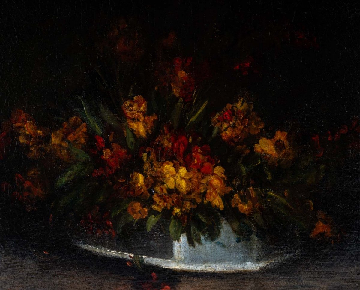 Tableau De Victor Vincelet 1839-1871. Bouquet De Girofléesdans Une Jardinière.-photo-4