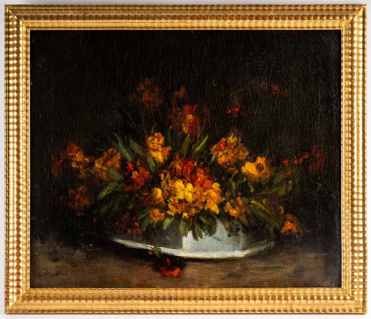 Painting By Victor Vincelet 1839-1871. Bouquet Of Wallflowers In A Planter.