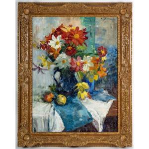 Bouquet De Fleurs et de fruits sur un entablement. Victor Simonin (1877-1946).