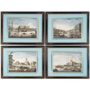 Suite De 4 Estampes Aquarellées De Venise D’après Marieschi