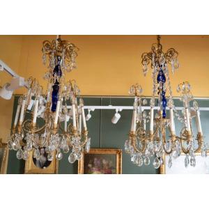 Pair Of Neoclassical Chandeliers In Gilt Bronze And Crystal. Circa 1900