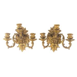 Paire d'appliques en bronze doré à 3 bras de lumière NIII