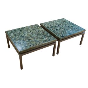 Paire de tables basses en marqueterie de marbre 1970